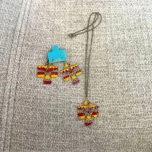 Metal with Red and Yellow Gold Tone Thunderbird Necklace and Earring Set